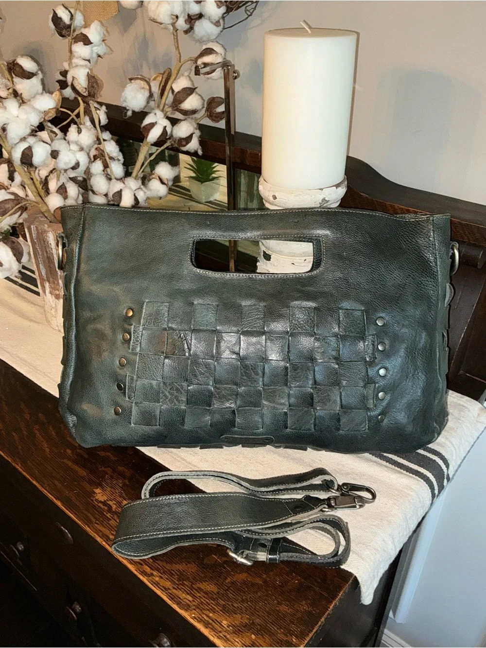 NWOT Bed Stu Orchid XL Leather Satchel Handbag Crossbody Bag Dark Teal DD $325 - Picture 2 of 12